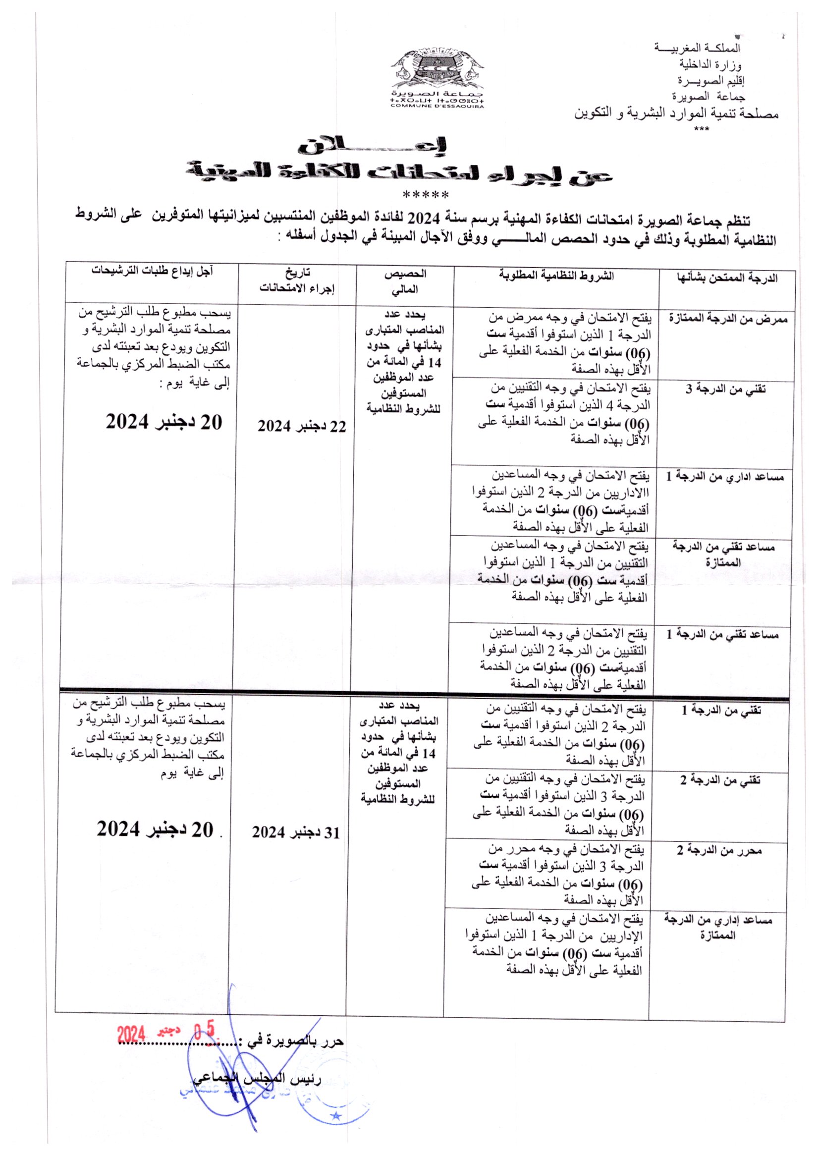 اعلان عن اجراء امتحانات الكفاءة المهنية برسم سنة 2024